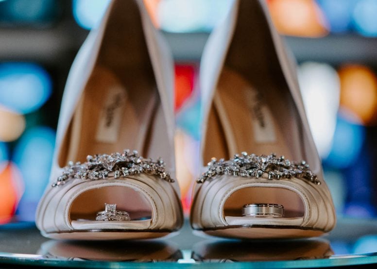 Brides shoe and wedding rings