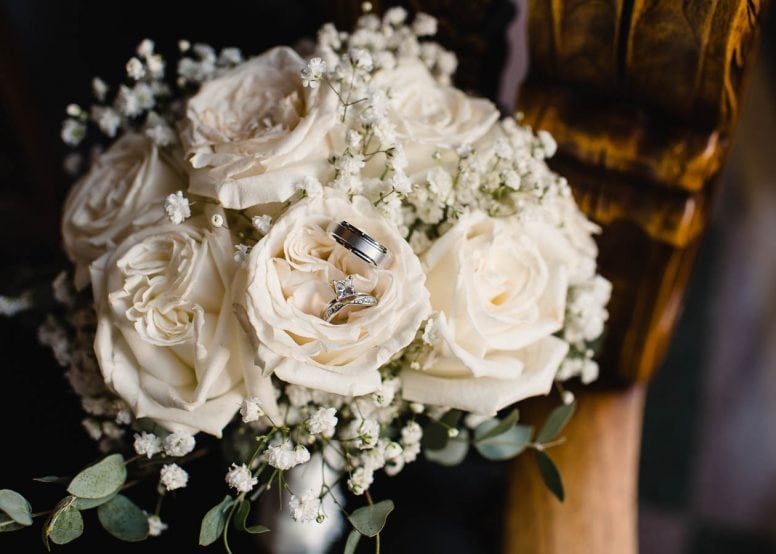Wedding rings and brides bouquet