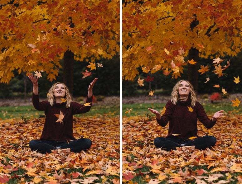 Teenage girl smiling and tossing leaves in air