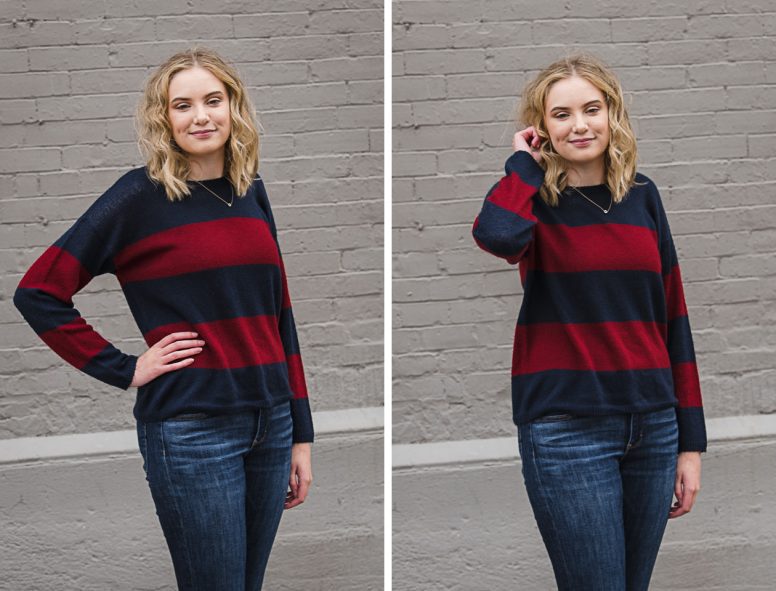 Female high school student in red and blue sweater