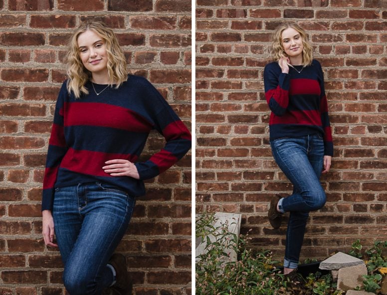 Female high school student in red and blue sweater