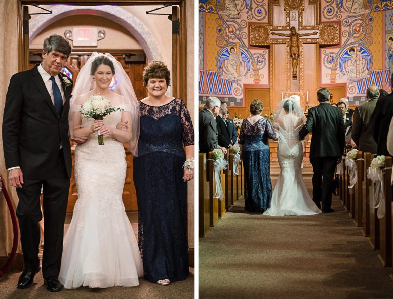 Bride and her parents walking down the isle