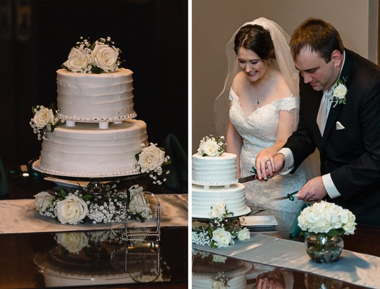 Wedding cake and couple cutting cake