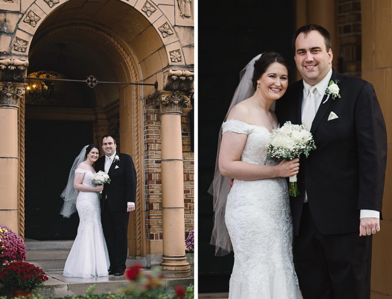 Bride and groom in front of Nazareth Hall in Grand Rapids, Ohio