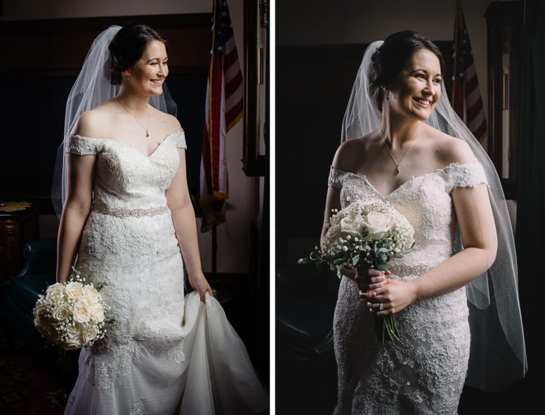Bride smiling in wedding dress with bouquet