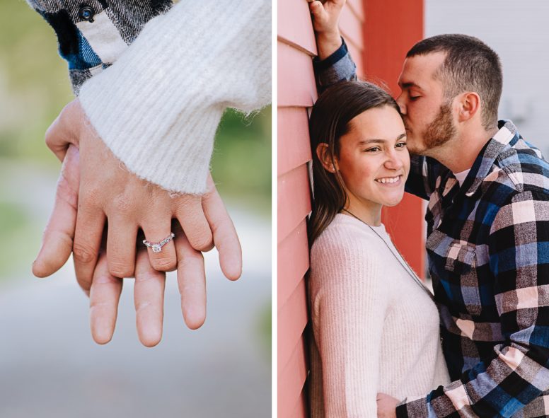 Engagement ring with couple kissing